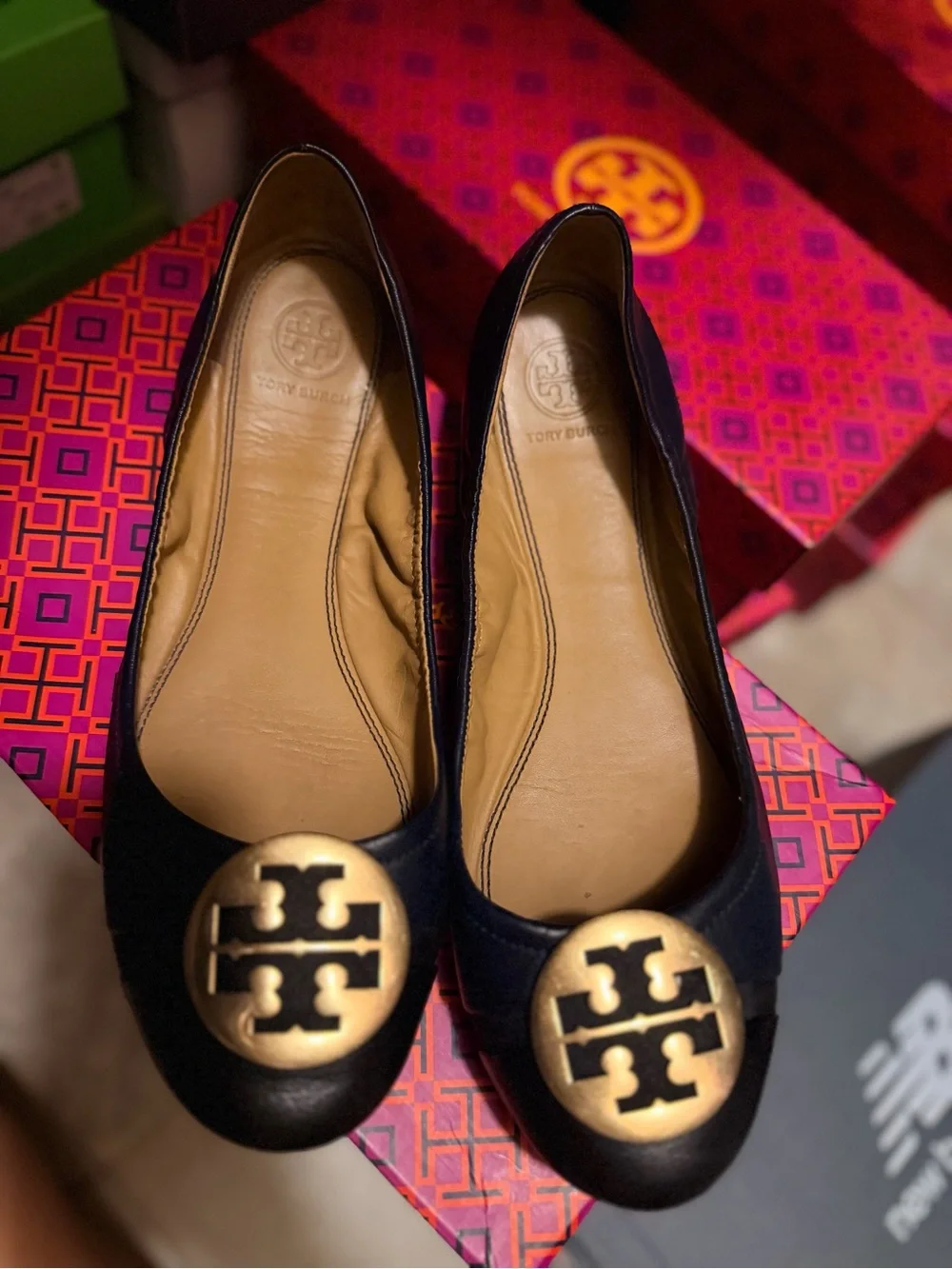 Tory Burch Navy/Black Leather Ballet Flats - Classic Logo Medallion